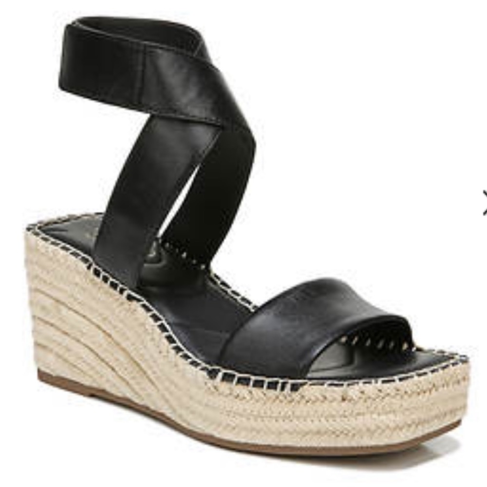 Franco Sarto Carezza black espadrille leather crossover wedge sandals 9.5